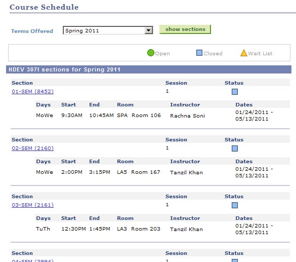 Screen shot of Course Schedule Page displaying sections for 