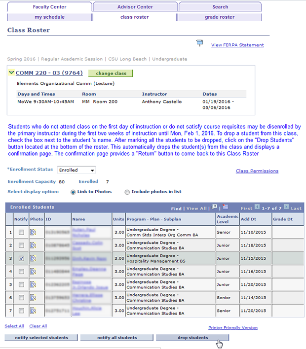 Screen shot of Enrolled Students section on the Class Roster