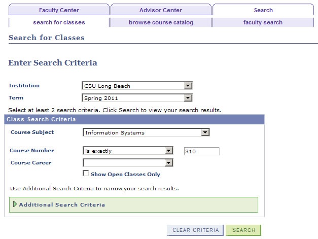 Screen shot of the Basic Class Search Page in the Faculty Ce