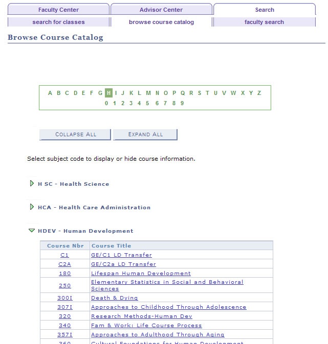 Screen shot of the Browse Course Catalog subtab