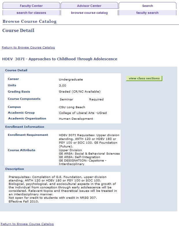 Screen shot of the Course Detail page