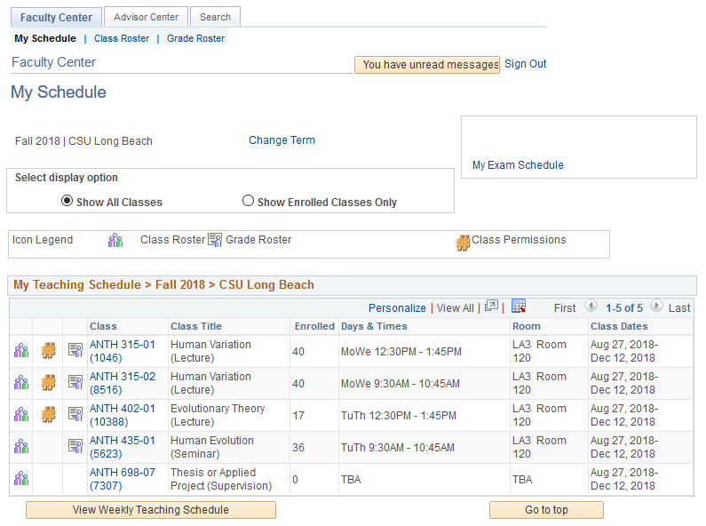  Screenshot of "My Schedule" in the Faculty Center