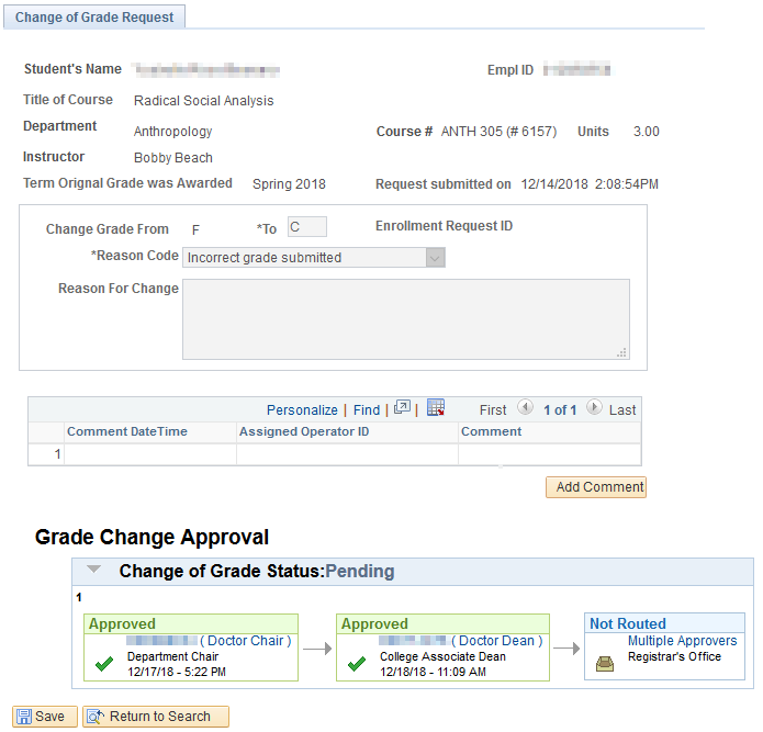  Screenshot of the Change of Grade Request page, indicating 