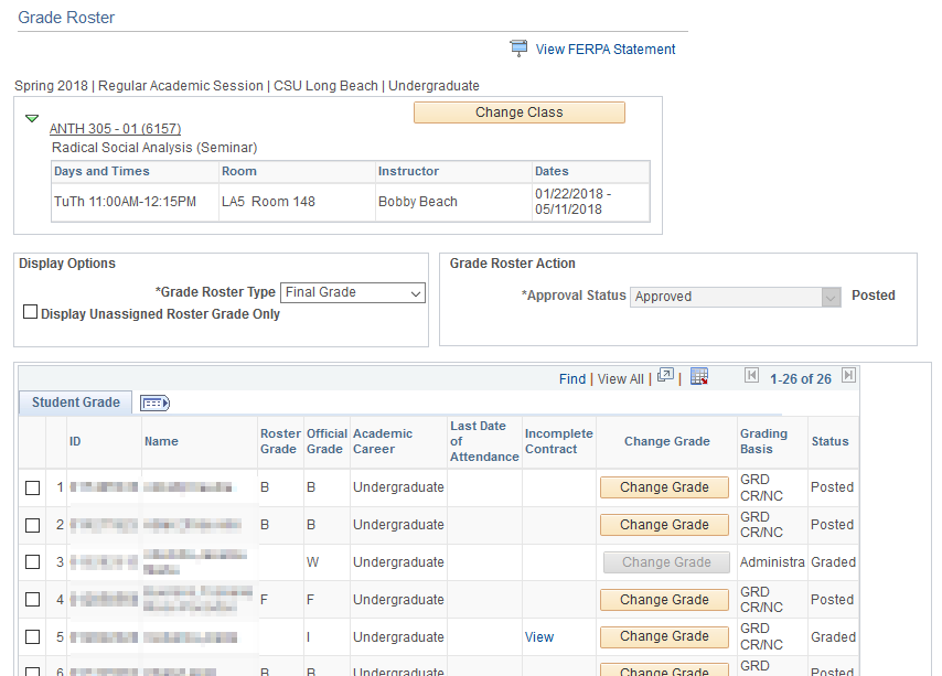  Screenshot of the Grade Roster in Faculty Center