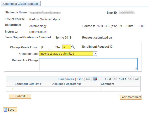  Screenshot of the Change of Grade Request page in the Facul