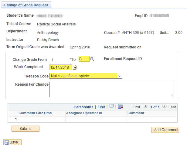  Screenshot of the Change of Grade Request page in the Facul