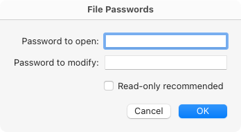 File Passwords window with Password to open field
