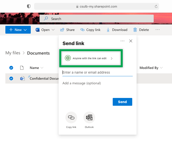 The Share button selected with Send link window open