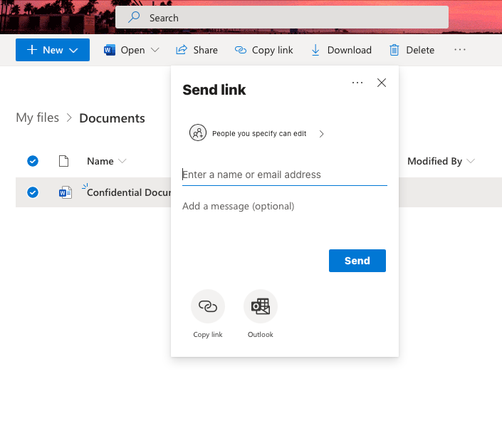 Send link menu with Enter a name or email address field