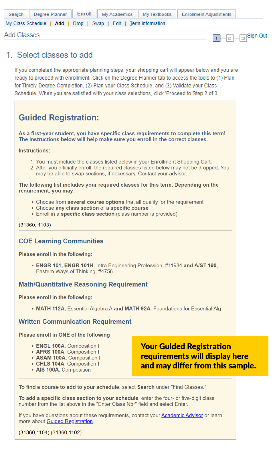 Screenshot of Guided Registration Information in MyCSULB Stu