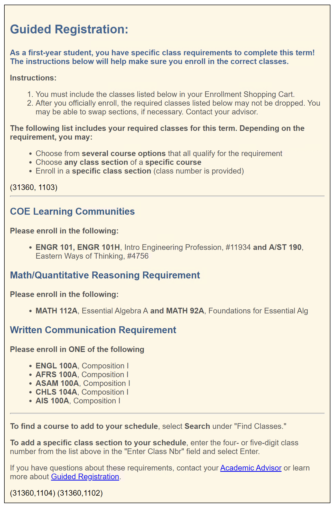 Screenshot of Guided Registration Information in MyCSULB Stu