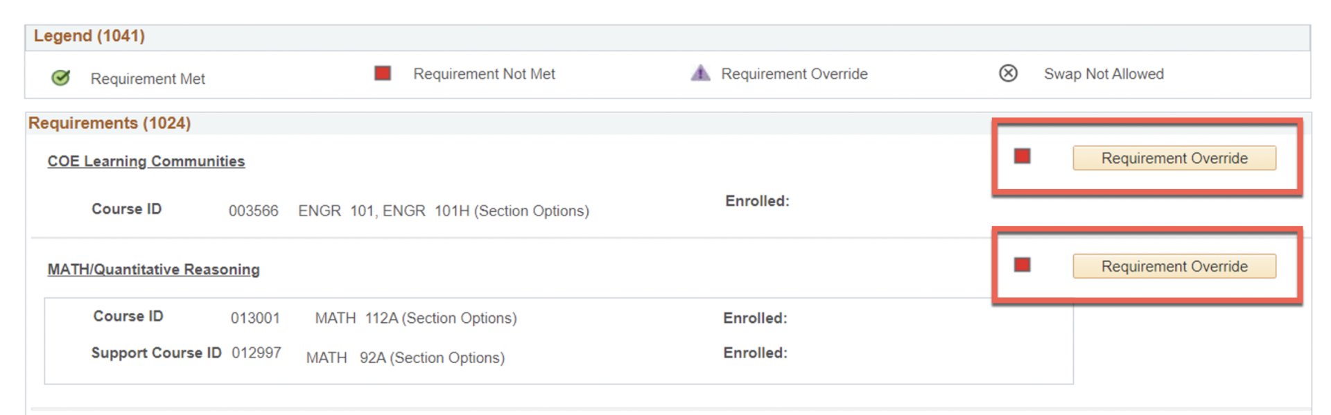 Screenshot of Requirement Override process in Advisor Center