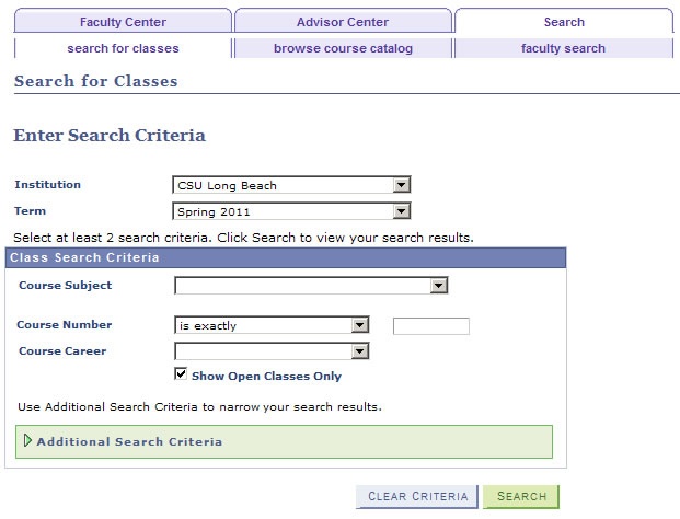 Screenshot of Class Search tab