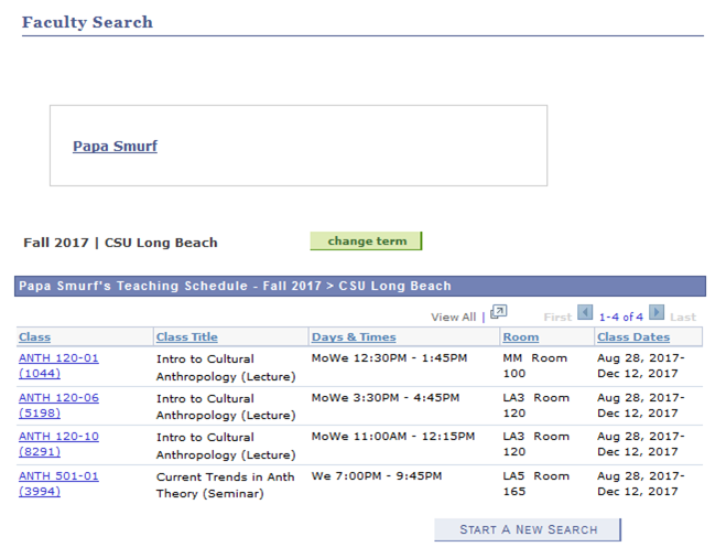 Screenshot of faculty search change term page