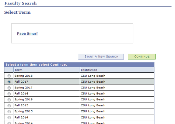 Screenshot of faculty search select term page