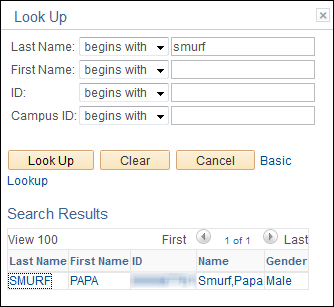 Screenshot of look up search by last and first name