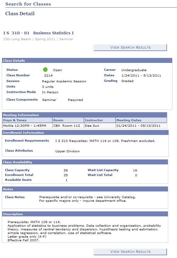  screenshot showing the Class Detail page