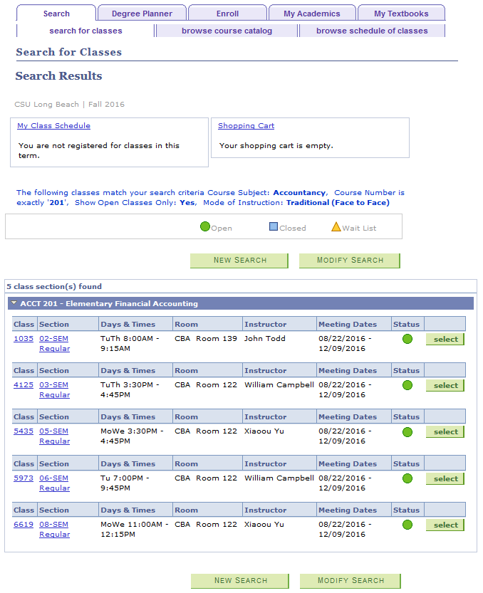 Screenshot of Class Search Results