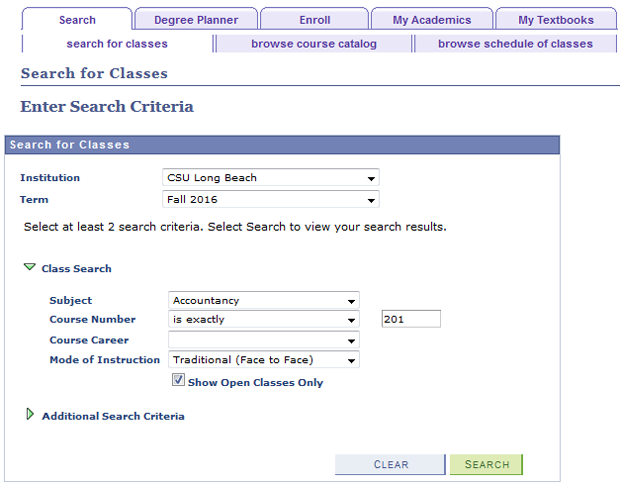Screenshot of Class Search page