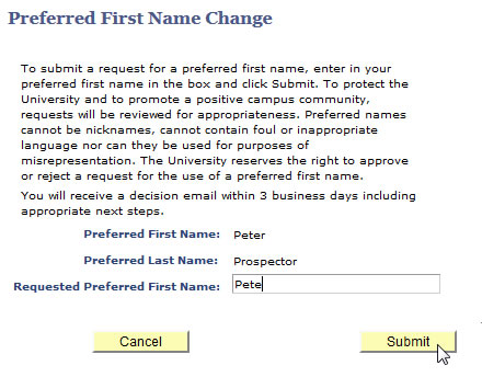 Screen shot of the Preferred First Name Change page, with an
