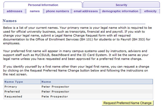 Screen shot of the Preferred First Name Change page, with an