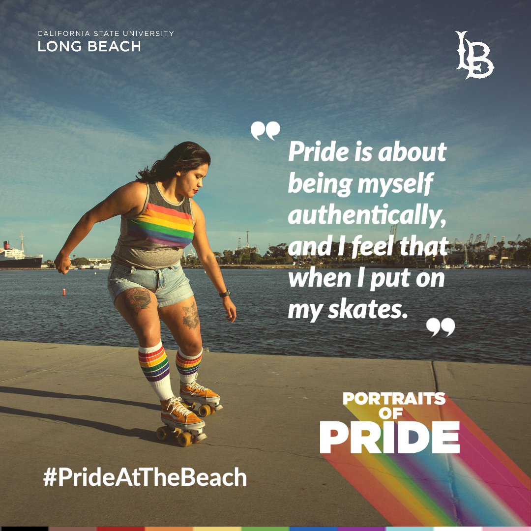 CSULB staff member roller skating along beach boardwalk