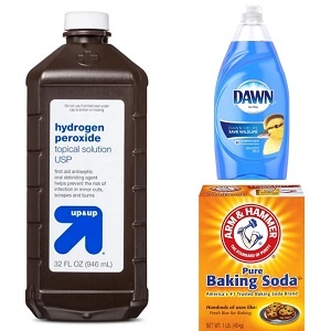 hydrogen peroxide, dawn dish soap, and baking soda