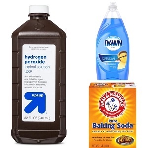 hydrogen peroxide, Dawn dish soap, and baking soda