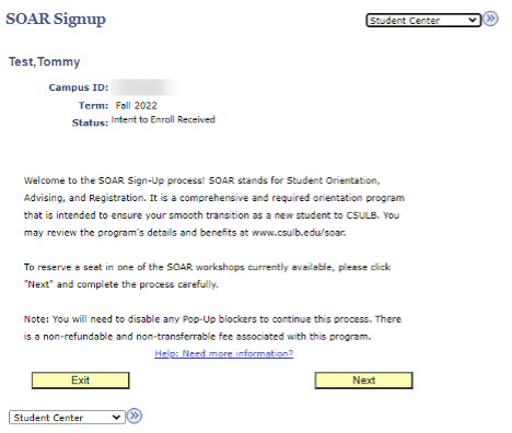 soar_orientation_sign-up-02.png Screenshot of SOAR Sign-Up page in MyCSULB Student Center