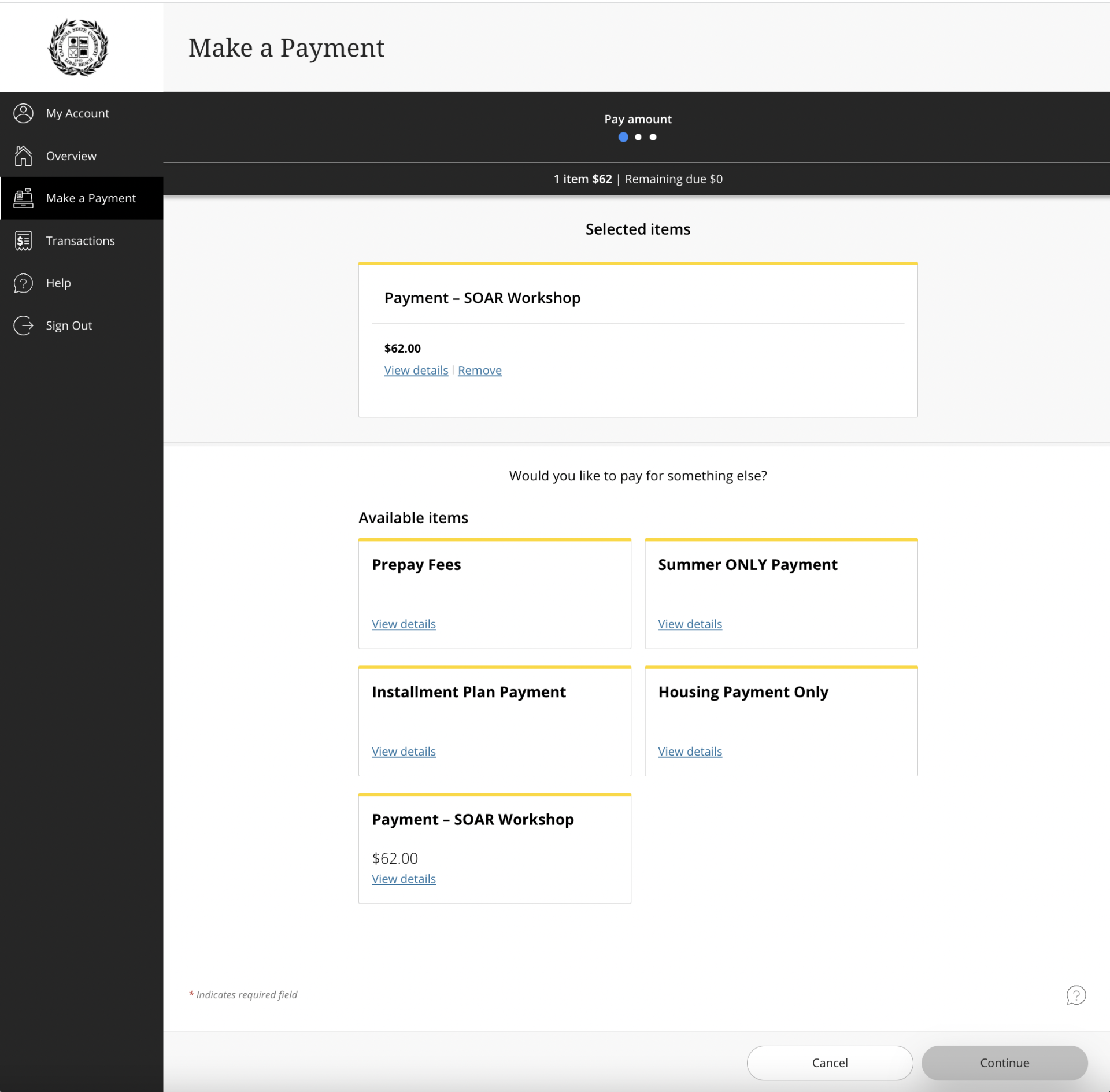 Screenshot of "Payment - SOAR Workshop" option selected and 