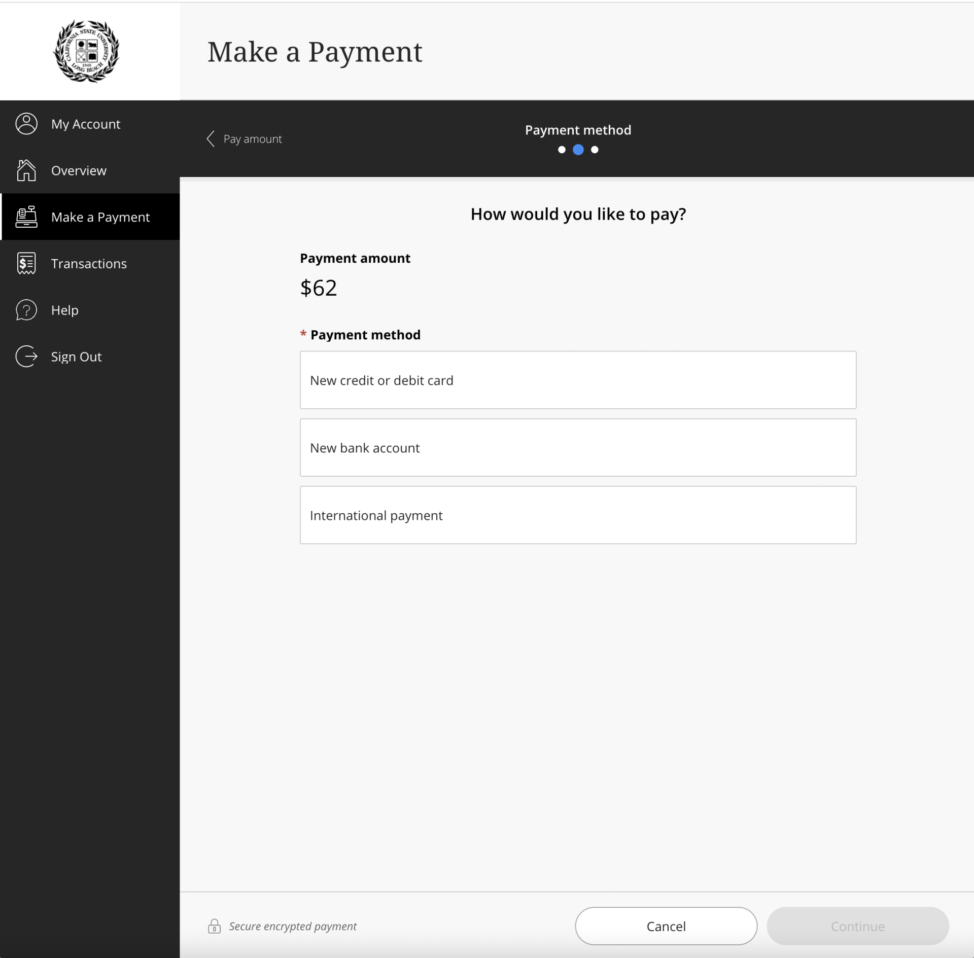 Screenshot of Payment method window with options