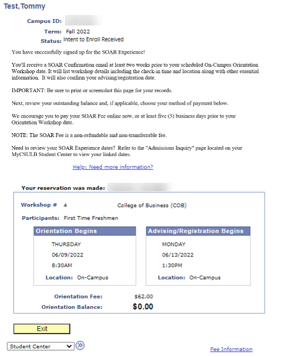 soar_orientation_sign-up-16.png Screenshot of SOAR Sign-Up Confirmation Page in MyCSULB Stud