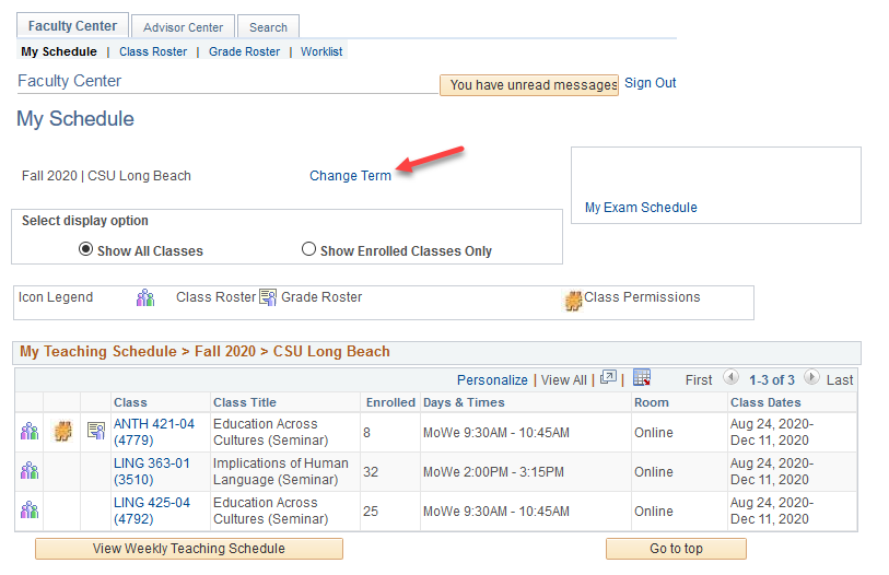 Screen shot of the Faculty Center teaching schedule, with an