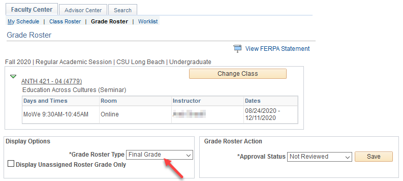 sr-graderosters-06.png Screen shot of the Faculty Center Grade Roster with an arrow