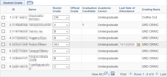 Screen shot of the Faculty Center Grade Roster 