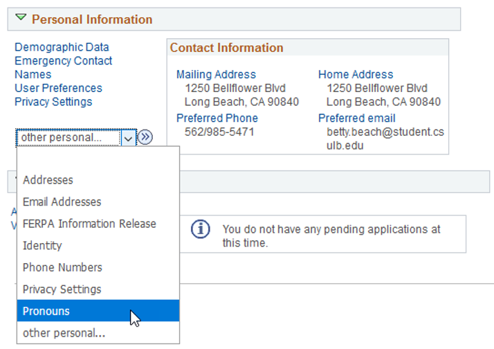 sr-pronoun-step1.png Screenshot of the dropdown menu for Personal Information