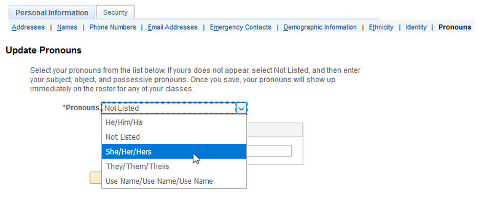 sr-pronoun-step2.png Screenshot of the options in the Pronouns dropdown menu