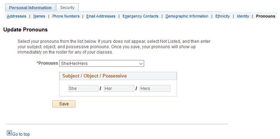 sr-pronoun-step3a.png Screenshot of the Save button to save preferred pronouns