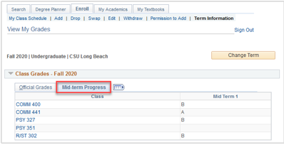 Screen shot of the Mid-Term Progress tab on the View My Grad