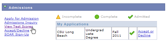 Screen shot View Test Scores option in Admissions section of