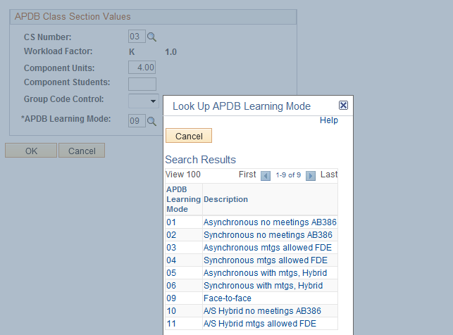 The Look Up List of APDB Learning Mode Values