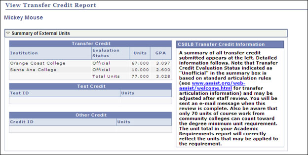 picture of the summary of external credits in the transfer c