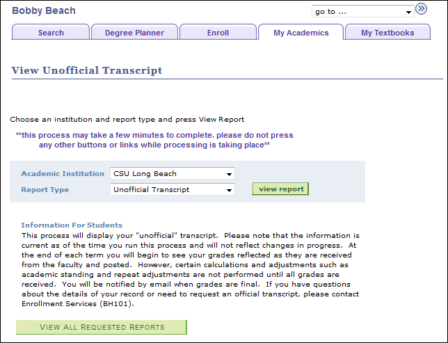 unofficial_transcript2.png Student Center View Unofficial Transcript window