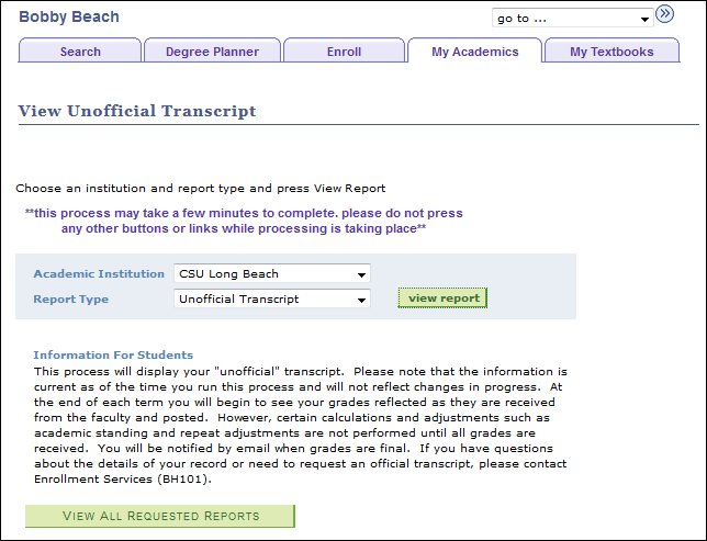 Student Center View Unofficial Transcript window