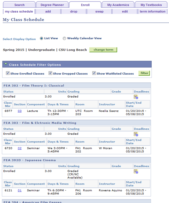 Screen shot of My Class Schedule subtab