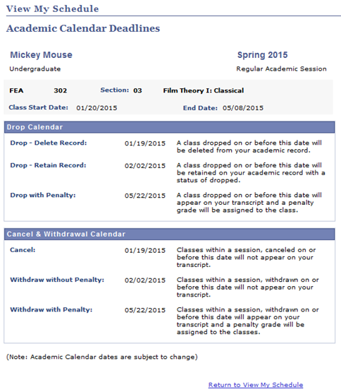 Screen shot of the Academic Calendar Deadlines page