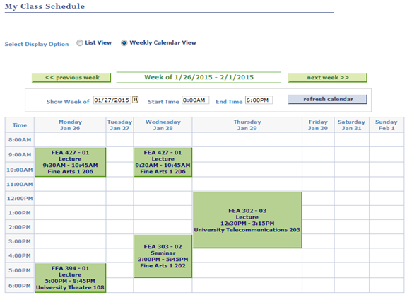 Screen shot of the student's class schedule in a Weekly Cale