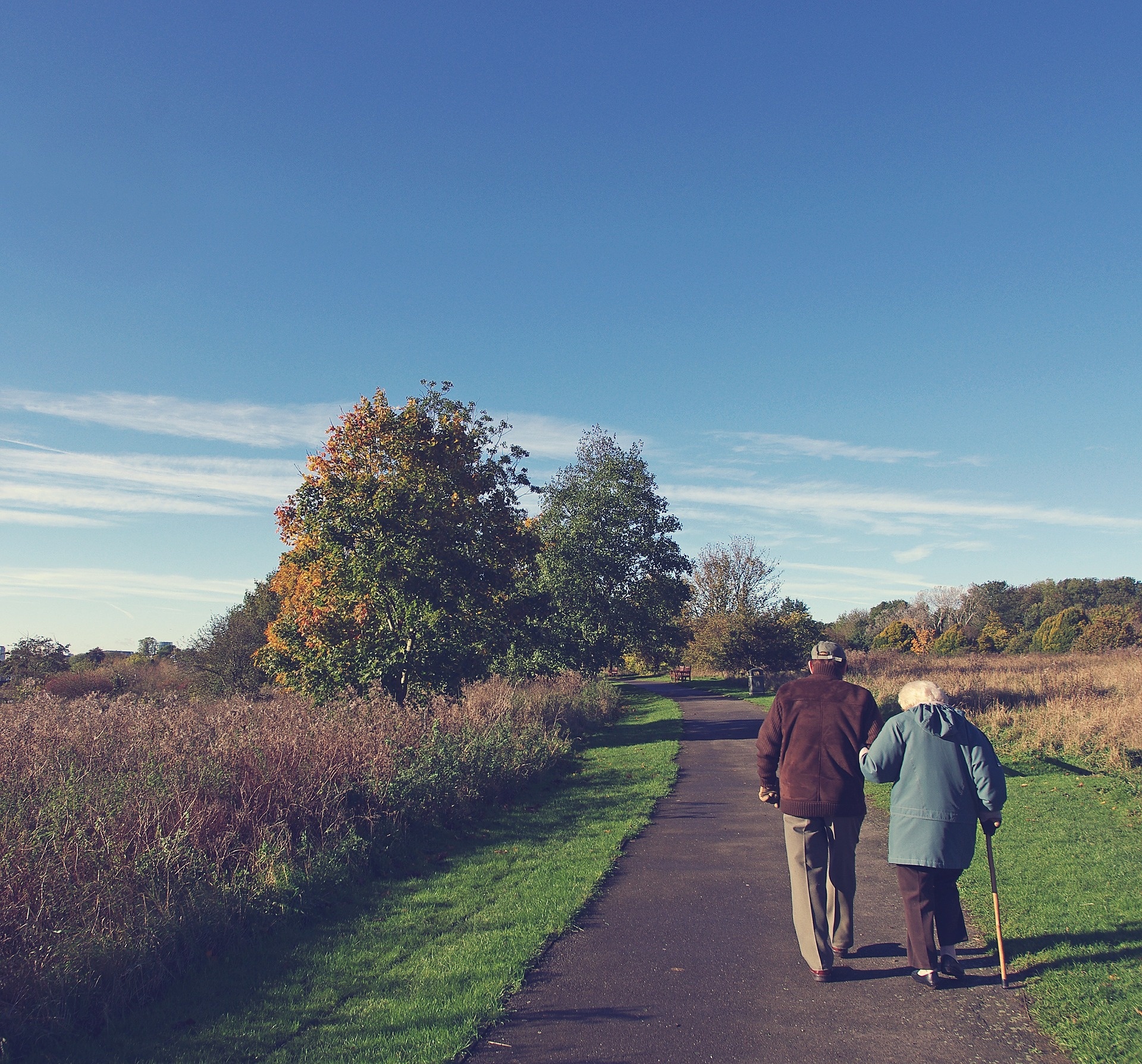 Two people walking on path 