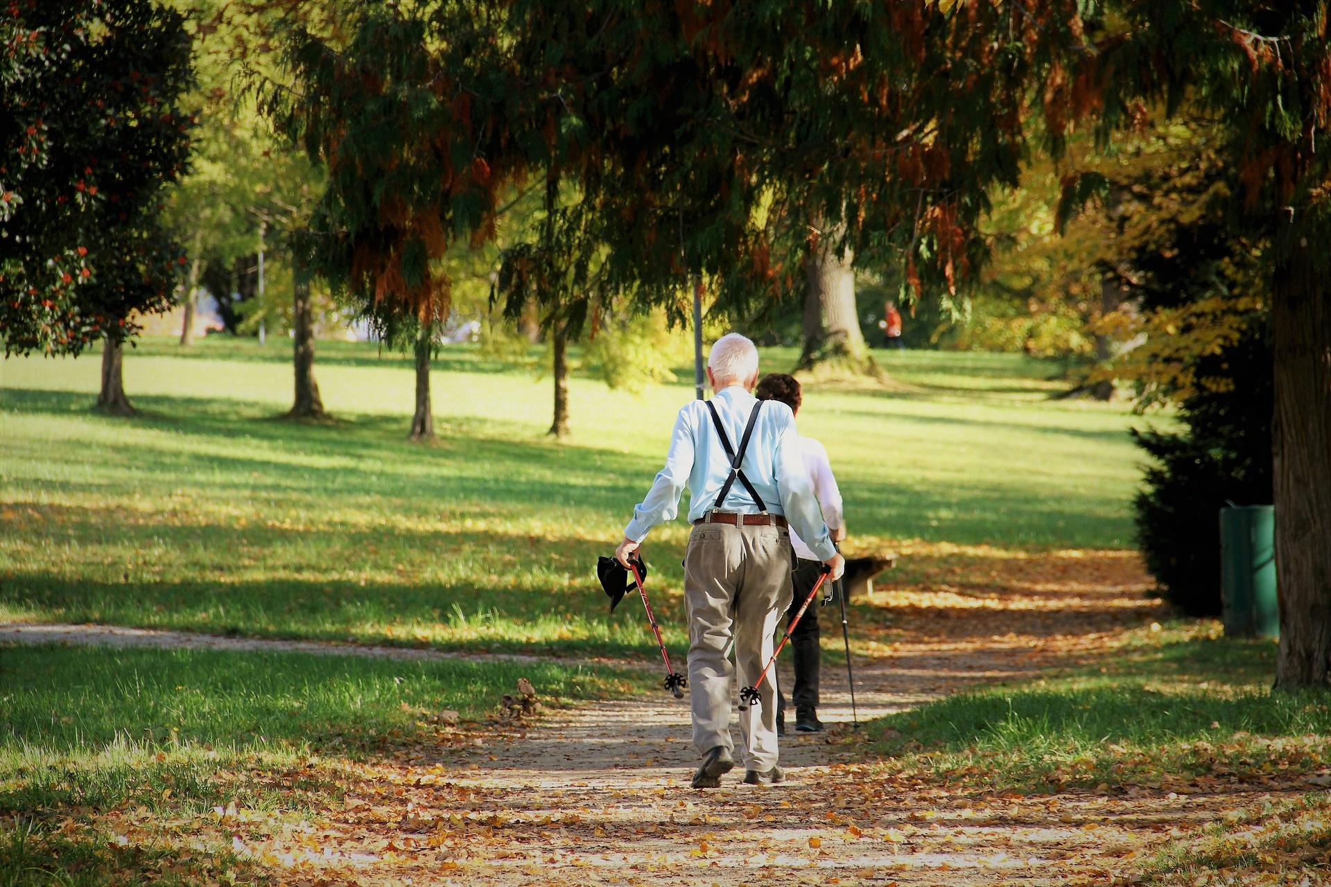 Couple walking through a park 