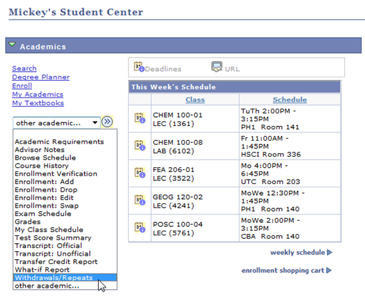 withdrawsrepeats1.png Screen shot of the Student Center, with the drop down menu h